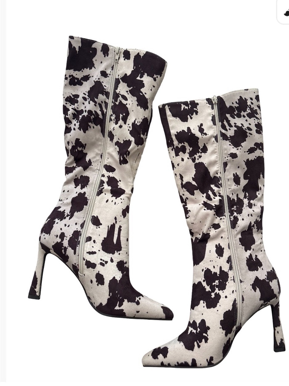 Ann Michell Brown and White Cow-Print Mid-Calf Heeled Boots